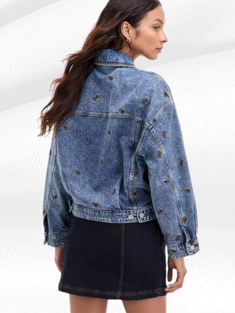 Avec Les Filles Horse Embroidered Ombre Trucker Jacket XL Denim Artisan Wash - Picture 4 of 17